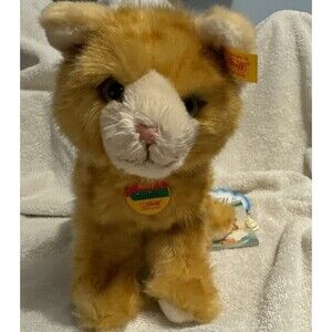 Steiff tabby cat orange 074943 Vintage Plush Stuffed Animal Kitty Katze Germany